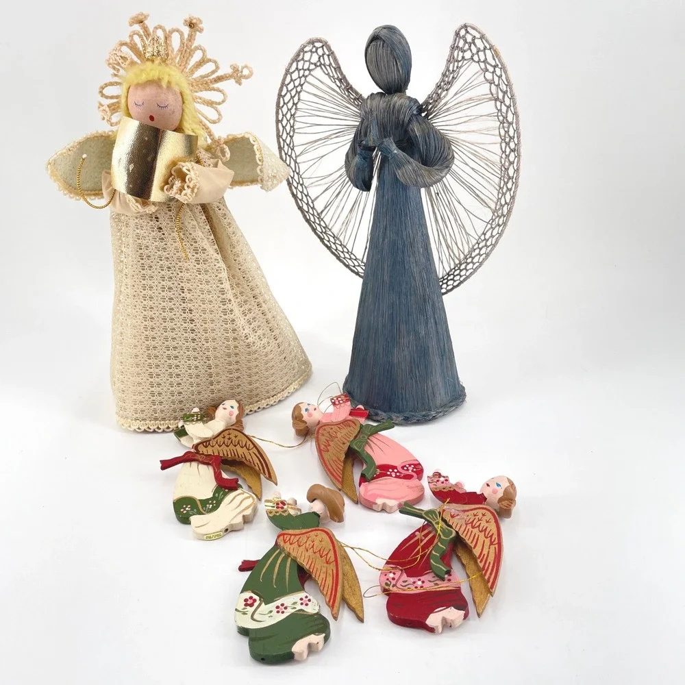 Vintage Angel Christmas Decor Set Lace Sisal Straw Figures Wooden Ornaments 6pc
